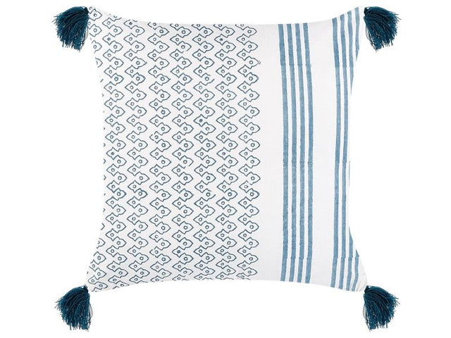 Decorative Cushion White and Blue Cotton 45 x 45 cm Geometric Pattern Block Printed Boho Decor Accessories Beliani