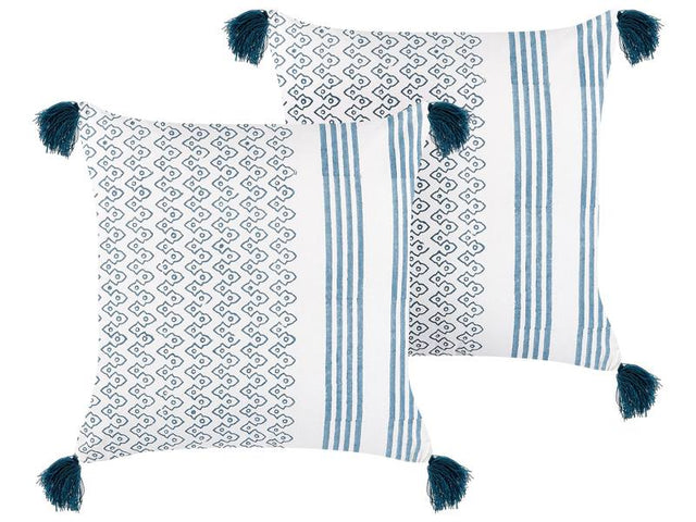 2 Decorative Cushions White and Dark Blue Cotton 45 x 45 cm Geometric Pattern Block Printed Boho Decor Accessories Beliani