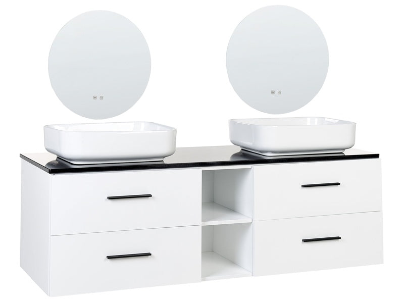 Double Sink Bathroom Vanity White MDF 4 Drawers Hanging Cabinet 2 Mirrors LED Touch  Beliani