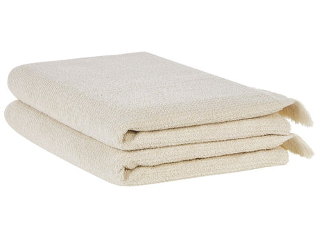 Set of 2 Bath Sheets Towels Beige Terry Cotton Polyester 100 x 150 cm Tassels Texture Bath Towels Beliani