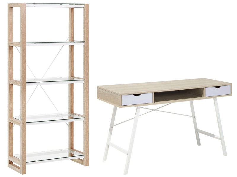 Home Office Set Light Wood White Engineered Wood Glass Freestanding Shelving Unit Modern Scandinavian Study Beliani