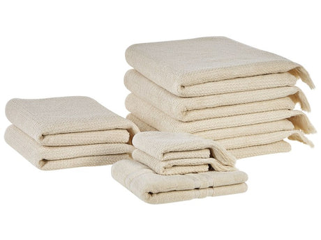 Set of 9 Bath Towels Beige Terry Cotton Polyester Tassels Texture Bath Towels Beliani