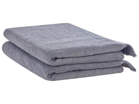 Set of 2 Bath Sheets Towels Grey Terry Cotton Polyester 100 x 150 cm Tassels Texture Bath Towels Beliani