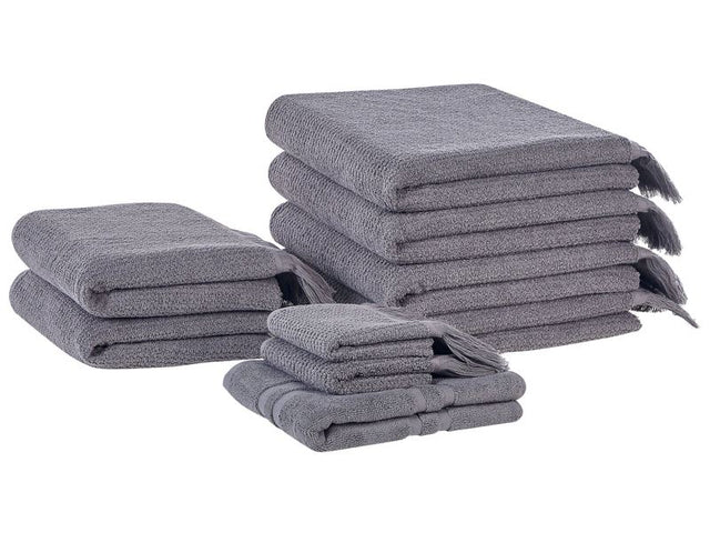 Set of 9 Bath Towels Grey Terry Cotton Polyester Tassels Texture Bath Towels Beliani