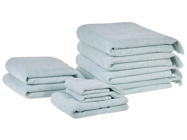 Set of 9 Bath Towels Mint Terry Cotton Polyester Tassels Texture Bath Towels Beliani