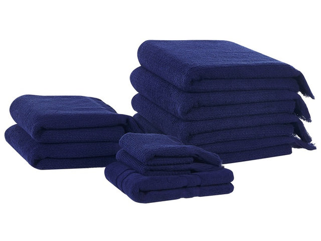 Set of 9 Bath Towels Navy Terry Cotton Polyester Tassels Texture Bath Towels Beliani