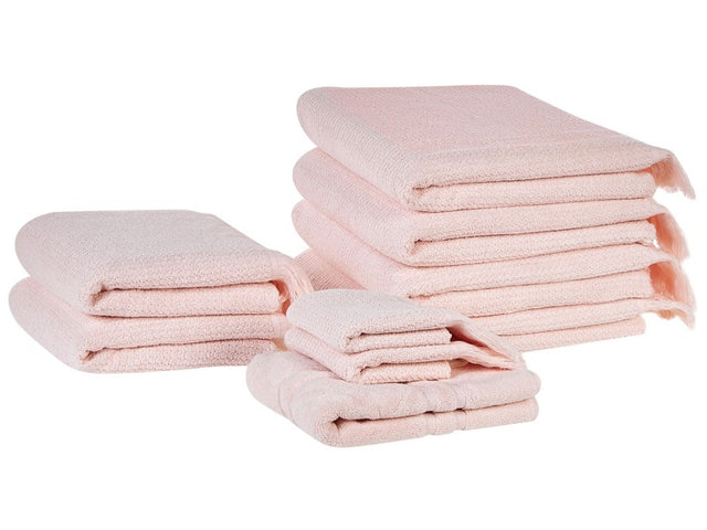 Set of 9 Bath Towels Pink Terry Cotton Polyester Tassels Texture Bath Towels Beliani