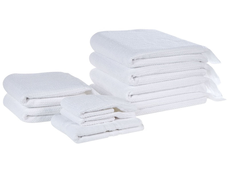 Set of 9 Bath Towels WhiteTerry Cotton Polyester Tassels Texture Bath Towels Beliani