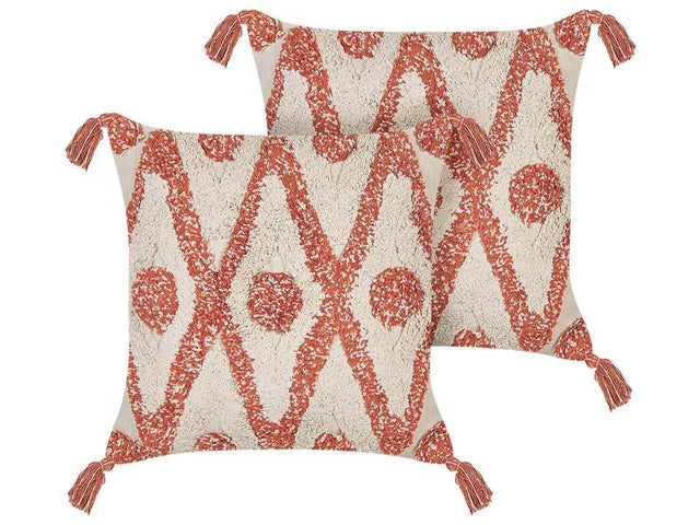 Set of 2 Decorative Pillows Beige and Orange Cotton 45 x 45 cm Geometric Pattern Boho Design Throw Cushions Beliani