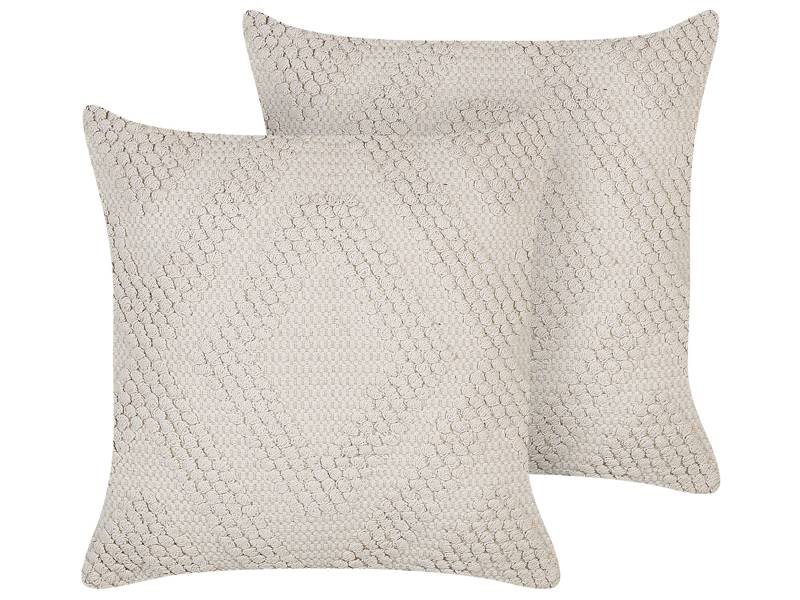 Set of 2 Decorative Pillows Off-White Cotton 45 x 45 cm Diamond Geometric Pattern Boho Design Throw Cushions Beliani