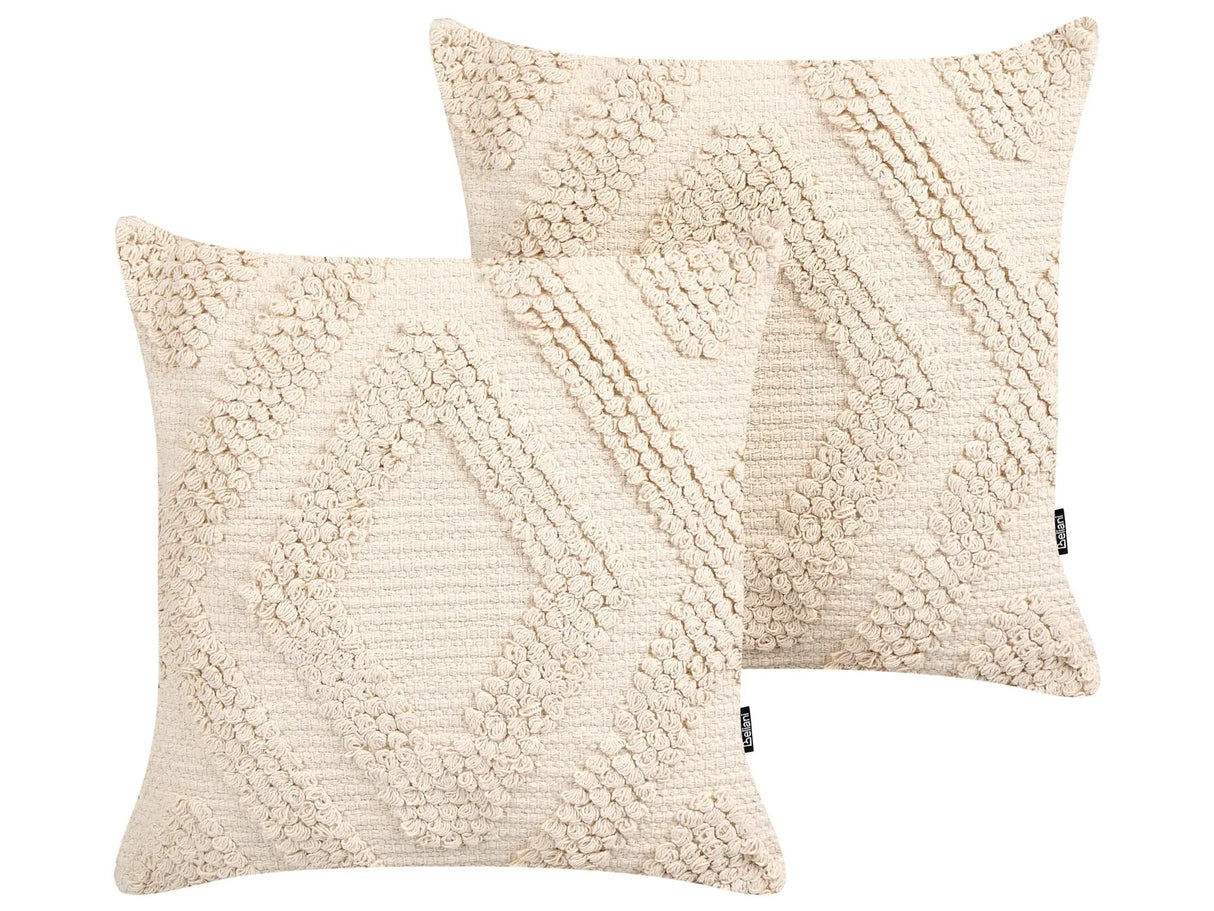 Set of 2 Decorative Pillows Off-White Cotton 45 x 45 cm Diamond Geometric Pattern Boho Design Throw Cushions Beliani