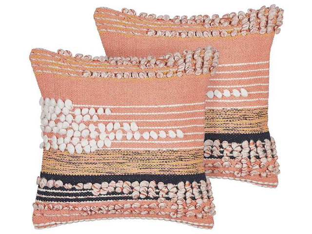 Set of 2 Decorative Pillows Orange Cotton 45 x 45 cm Striped Pattern Boho Design Throw Cushions Beliani