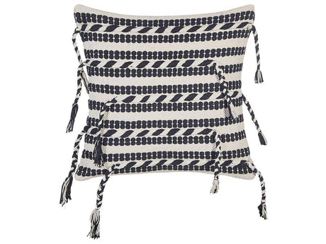 Decorative Pillow Black and White Cotton 45 x 45 cm Striped Pattern with Tassels Boho Design Throw Cushions Beliani