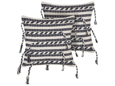 Set of 2 Decorative Pillows Black and White Cotton 45 x 45 cm Striped Pattern with Tassels Boho Design Throw Cushions Beliani