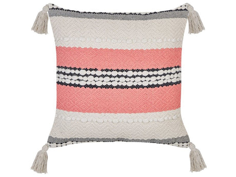 Decorative Pillow Beige and Red Cotton 45 x 45 cm Striped Pattern with Tassels Boho Design Throw Cushions Beliani