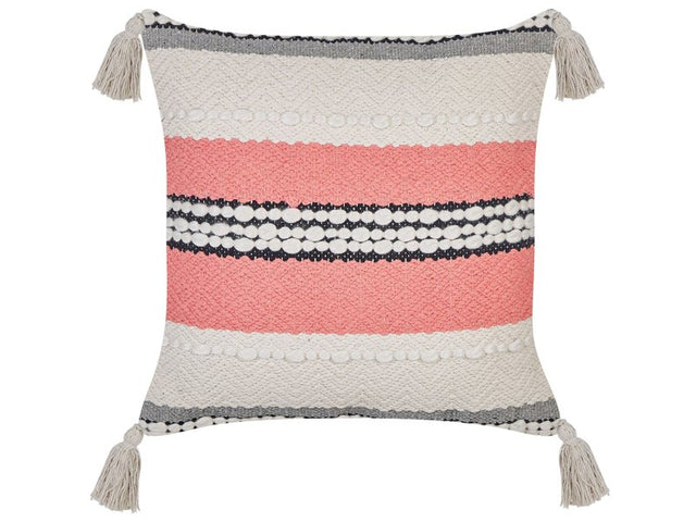 Decorative Pillow Beige and Red Cotton 45 x 45 cm Striped Pattern with Tassels Boho Design Throw Cushions Beliani