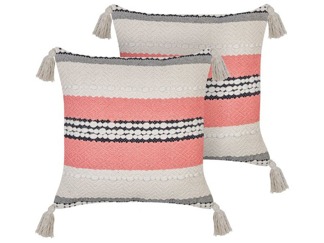 Set of 2 Decorative Pillows Beige and Red Cotton 45 x 45 cm Striped Pattern with Tassels Boho Design Throw Cushions Beliani