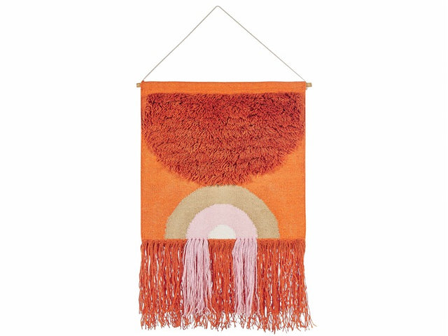 Wall Hanging Orange Cotton Wool 58 x 112 cm Handwoven with Tassels Geometric Pattern Wall Décor Boho Style Living Room Bedroom Beliani