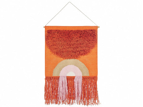 Wall Hanging Orange Cotton Wool 58 x 112 cm Handwoven with Tassels Geometric Pattern Wall Dcor Boho Style Living Room Bedroom Beliani