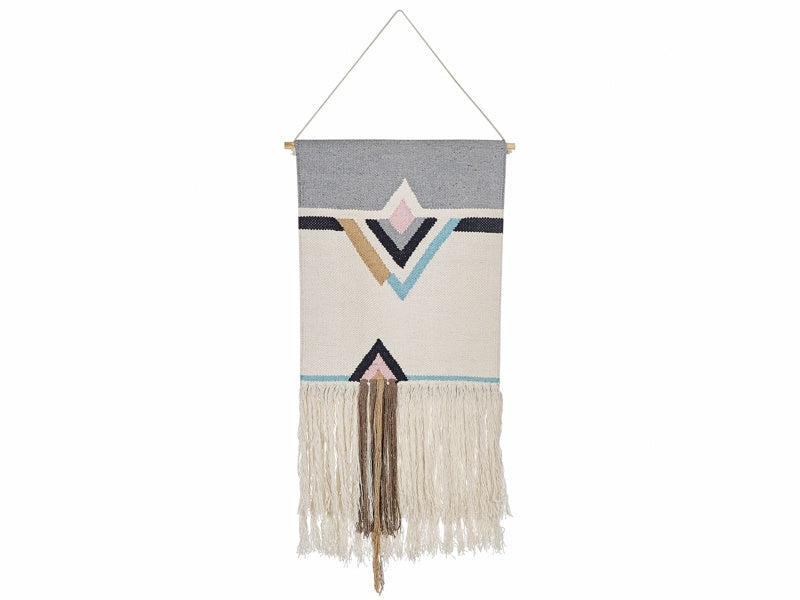 Wall Hanging Beige Cotton 46 x 116 cm Handwoven with Tassels Geometric Pattern Wall Décor Boho Style Living Room Bedroom Beliani