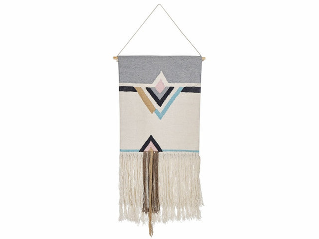 Wall Hanging Beige Cotton 46 x 116 cm Handwoven with Tassels Geometric Pattern Wall Décor Boho Style Living Room Bedroom Beliani