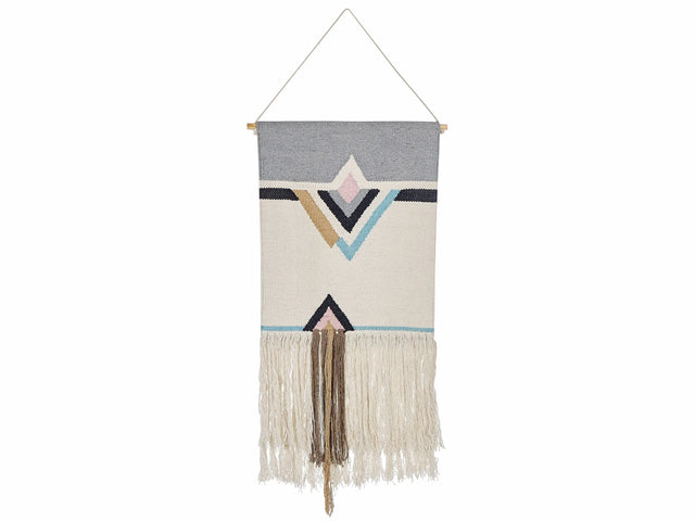 Wall Hanging Beige Cotton 46 x 116 cm Handwoven with Tassels Geometric Pattern Wall Dcor Boho Style Living Room Bedroom Beliani
