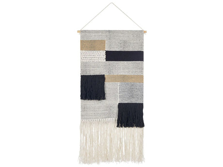 Wall Hanging Beige and Black Cotton 46 x 114 cm Handwoven with Tassels Geometric Pattern Wall Dcor Boho Style Living Room Bedroom Beliani