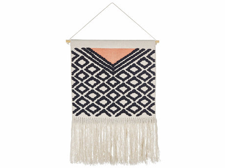 Wall Hanging Orange and Black Cotton 56 x 106 cm Handwoven with Tassels Geometric Pattern Wall Dcor Boho Style Living Room Bedroom Beliani