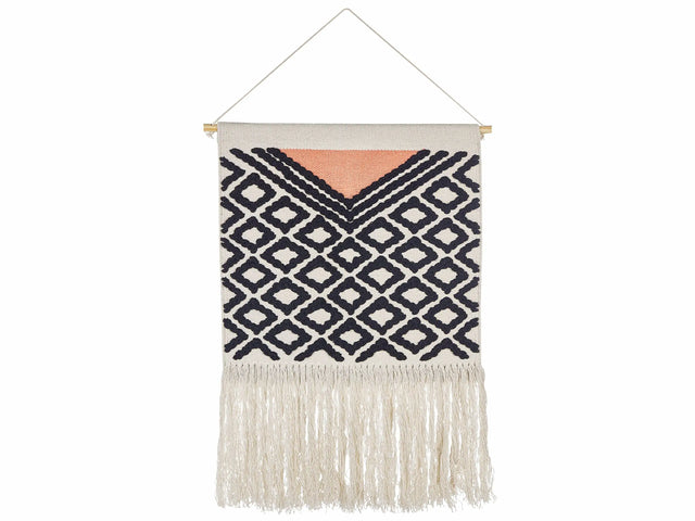 Wall Hanging Orange and Black Cotton 56 x 106 cm Handwoven with Tassels Geometric Pattern Wall Dcor Boho Style Living Room Bedroom Beliani