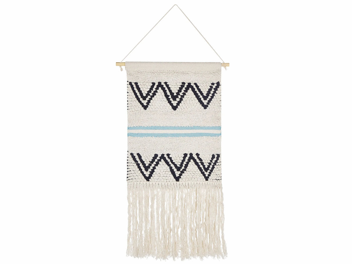 Wall Hanging Beige and Black Cotton 42 x 113 cm Handwoven with Tassels Geometric Pattern Wall Dcor Boho Style Living Room Bedroom Beliani