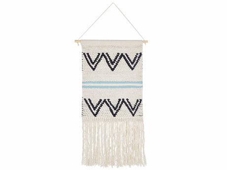 Wall Hanging Beige and Black Cotton 42 x 113 cm Handwoven with Tassels Geometric Pattern Wall Dcor Boho Style Living Room Bedroom Beliani