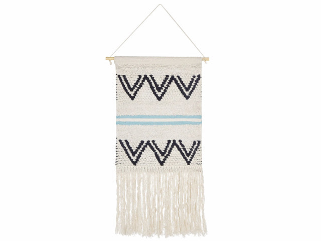 Wall Hanging Beige and Black Cotton 42 x 113 cm Handwoven with Tassels Geometric Pattern Wall Dcor Boho Style Living Room Bedroom Beliani