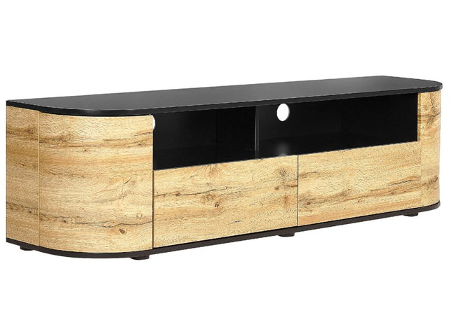 TV Stand Light Wood and Black Manufactured Wood 2 Drawers Cable Management Hole Rustic Style Sideboard Beliani