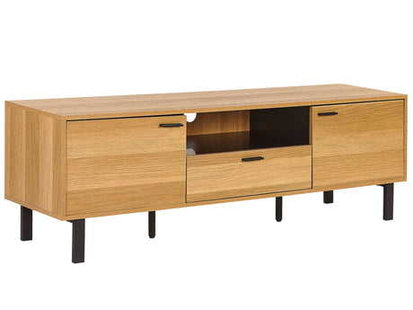 TV Stand Light Wood and Black Particle Board for up to 66  with 2 Doors Drawer Cabinet Traditional Industrial Style Beliani