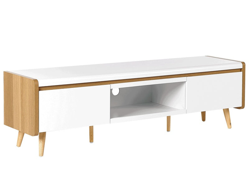 TV Stand Light Wood and White Particle Board for up to 66 ʺ with 2 Drawers Scandinavian Style Beliani