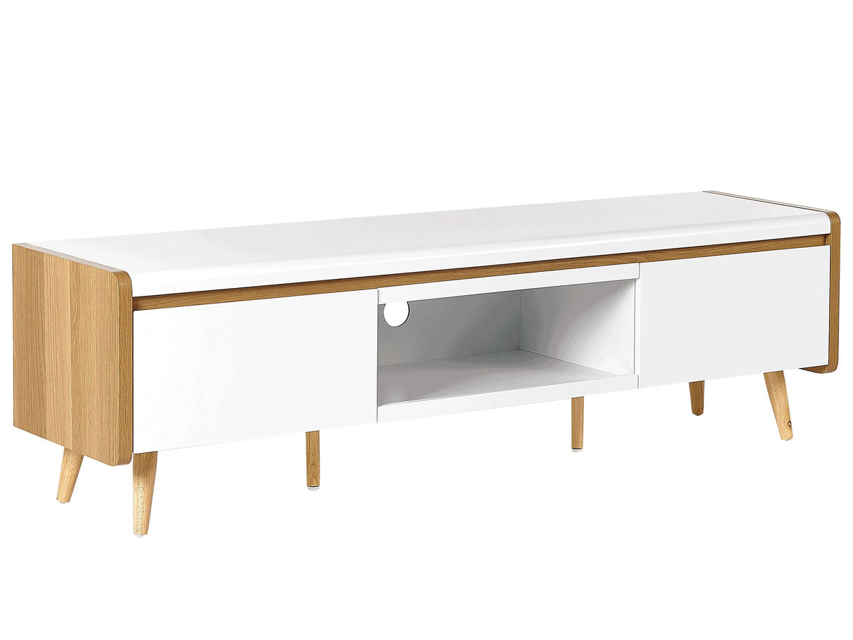 TV Stand Light Wood and White Particle Board for up to 66  with 2 Drawers Scandinavian Style Beliani