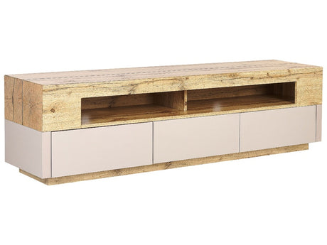 TV Stand Light Wood and Beige Manufactured Wood 3 Drawers Cable Management Hole Boho Style Sideboard Beliani