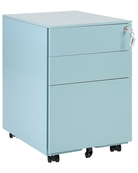 Office Storage Unit Light Blue Steel with Castors 3 Drawers Key-Locked Industrial Design Beliani