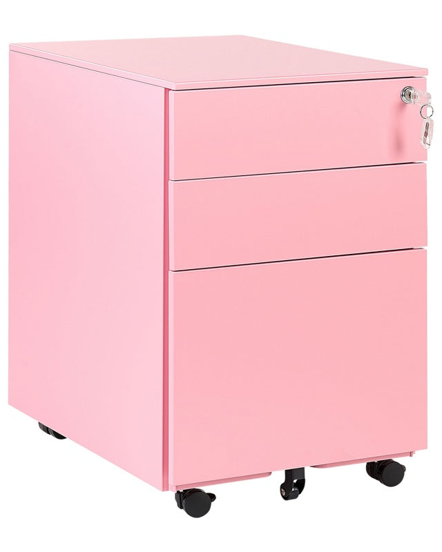 Office Storage Unit Pink Steel with Castors 3 Drawers Key-Locked Industrial Design Beliani