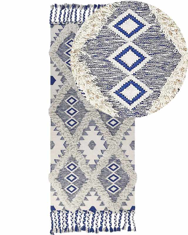 Runner Rug Light Beige and Blue Cotton 80 x 200 cm Rectangular with Tassels Geometric Pattern Handwoven Modern Boho Style Hallway Beliani