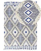 Area Rug Light Beige and Blue Cotton 140 x 200 cm Rectangular with Tassels Geometric Pattern Handwoven Modern Boho Style Living Room Bedroom Beliani