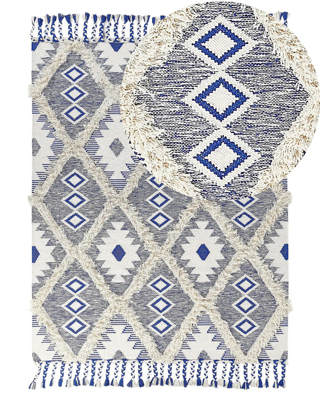 Area Rug Light Beige and Blue Cotton 140 x 200 cm Rectangular with Tassels Geometric Pattern Handwoven Modern Boho Style Living Room Bedroom Beliani
