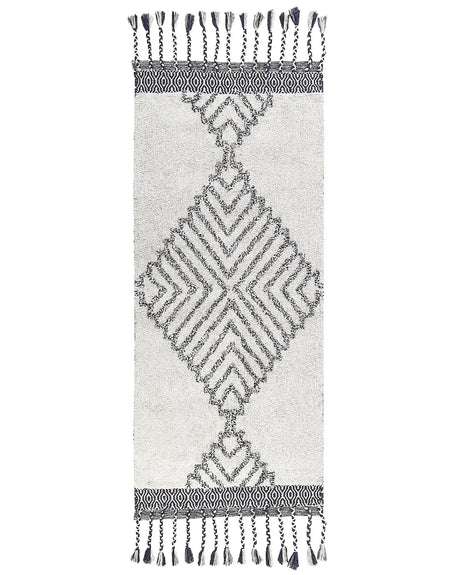 Area Rug White and Black Cotton 80 x 150 cm Rectangular with Tassels Geometric Pattern Handwoven Modern Boho Style Living Room Bedroom Beliani