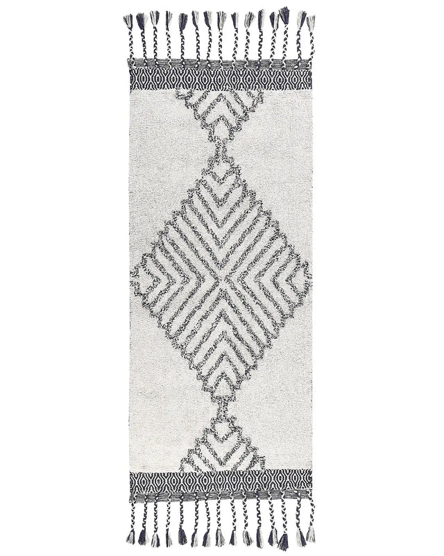 Area Rug White and Black Cotton 80 x 150 cm Rectangular with Tassels Geometric Pattern Handwoven Modern Boho Style Living Room Bedroom Beliani