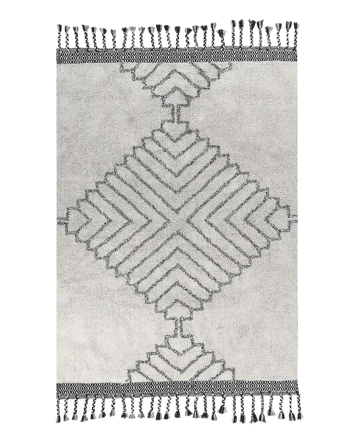 Area Rug White and Black Cotton 140 x 200 cm Rectangular with Tassels Geometric Pattern Handwoven Modern Boho Style Living Room Bedroom Beliani