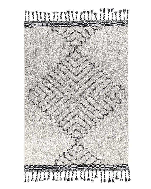 Area Rug White and Black Cotton 140 x 200 cm Rectangular with Tassels Geometric Pattern Handwoven Modern Boho Style Living Room Bedroom Beliani