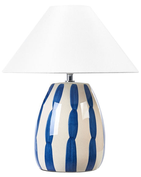 Table Lamp Light Beige and Blue Ceramic 41 cm White Cone Shade Handmade Bedside Living Room Bedroom Lighting Beliani