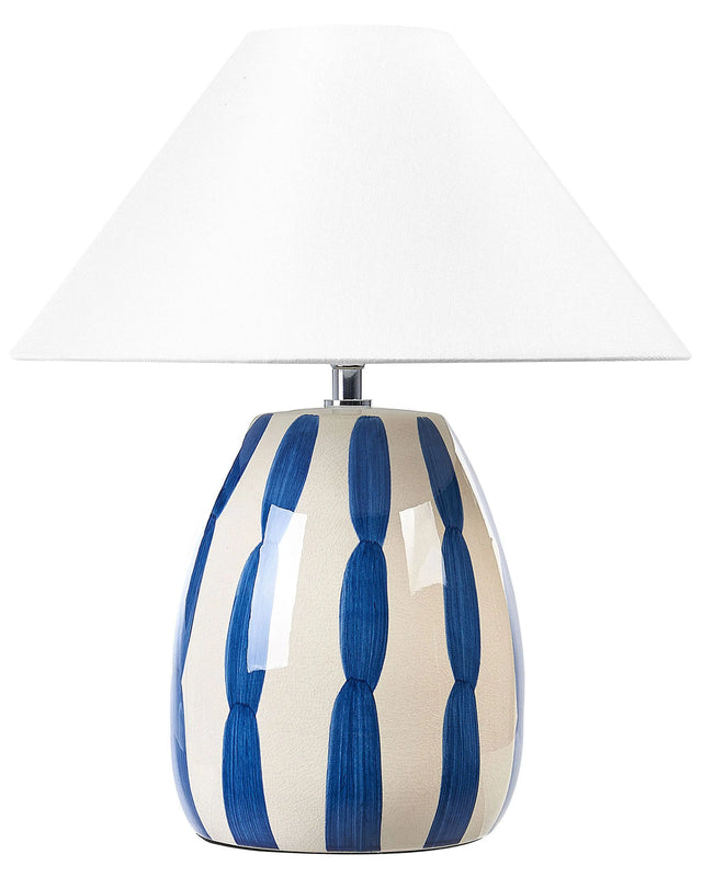 Table Lamp Light Beige and Blue Ceramic 41 cm White Cone Shade Handmade Bedside Living Room Bedroom Lighting Beliani