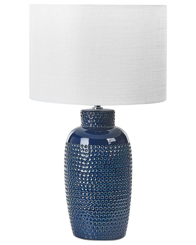 Table Lamp Navy Blue Ceramic 53 cm White Drum Shade Handmade Bedside Living Room Bedroom Lighting Beliani