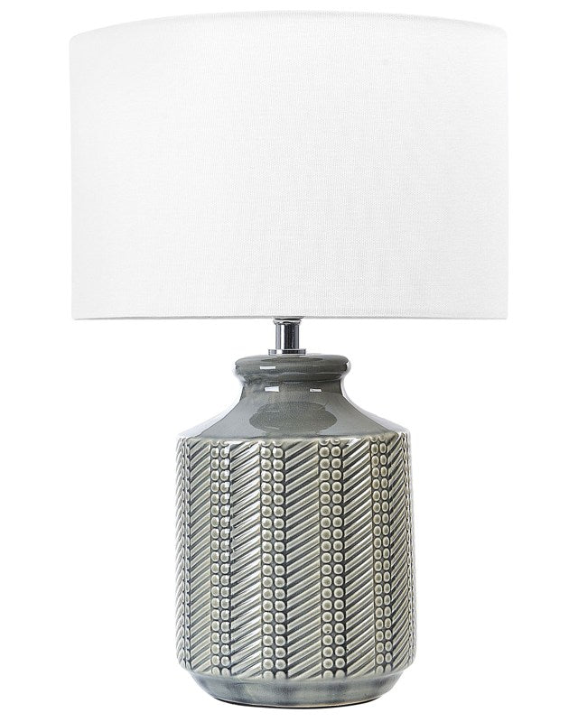 Table Lamp Grey Ceramic 44 cm White Drum Shade Handmade Geometric Pattern Bedside Living Room Bedroom Lighting Beliani